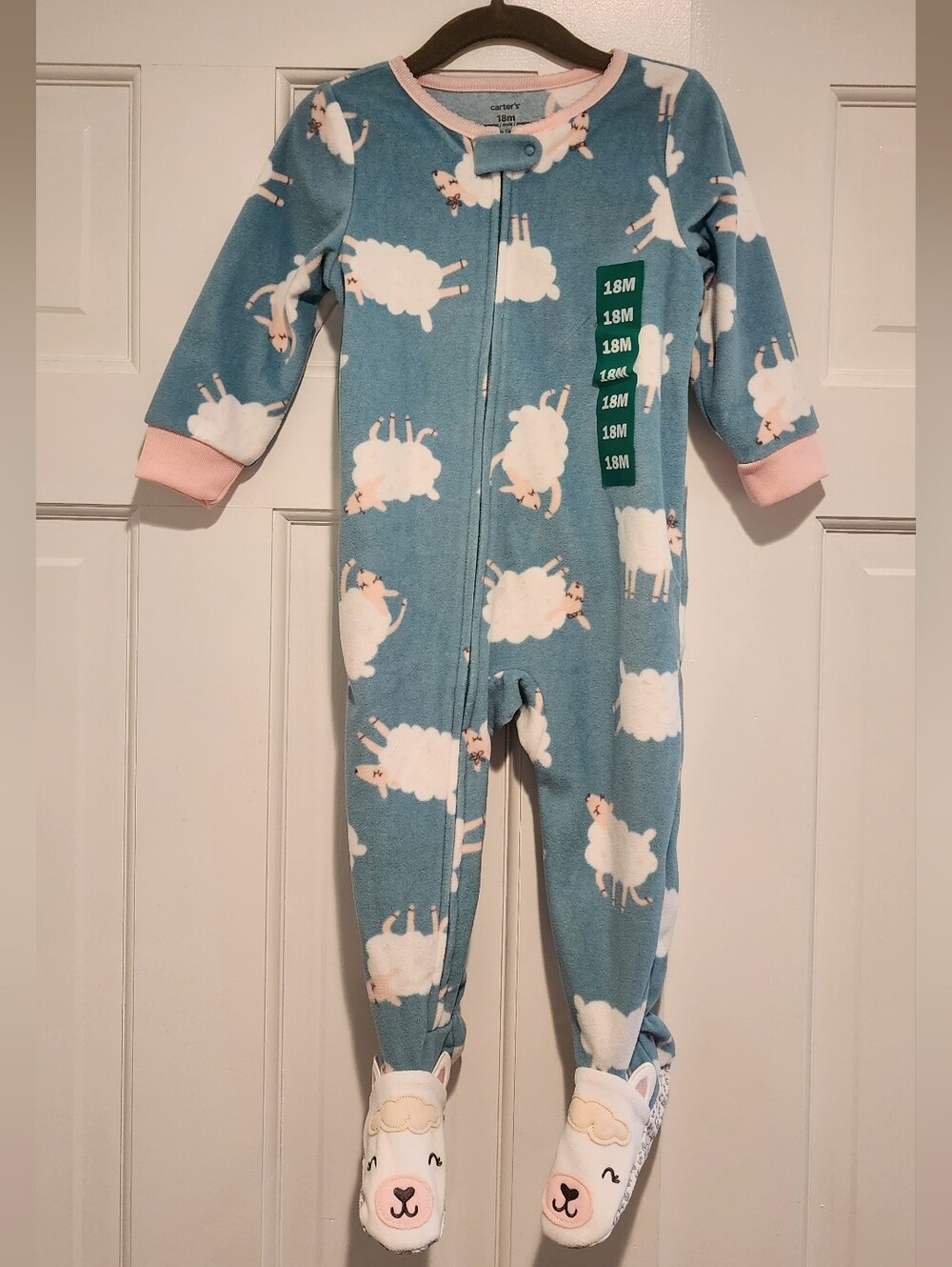 18M Carter's Blue Sheep Print Fleece Footed Onesie NWOT